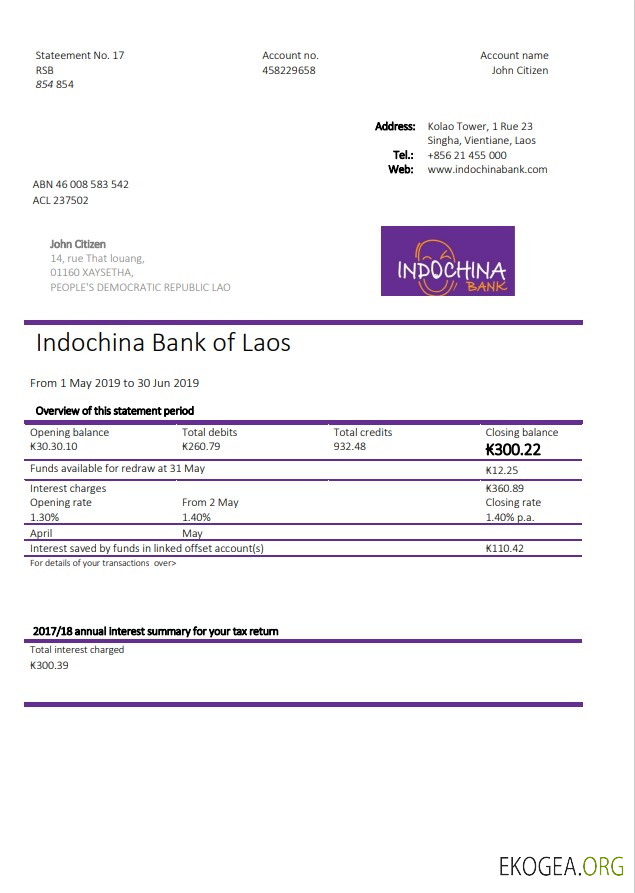 Relevé de la Banque Laos Indochine